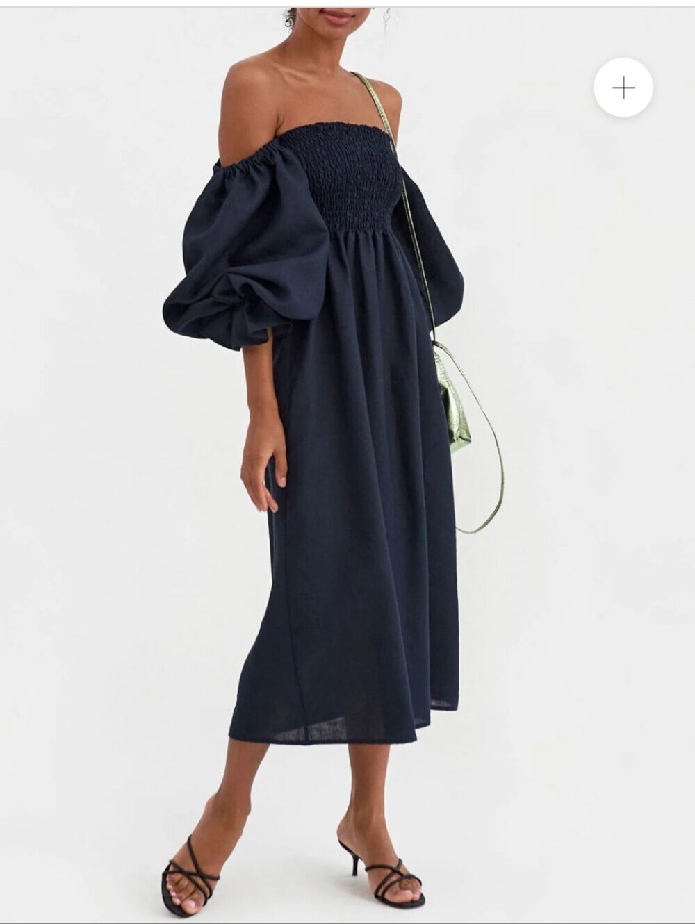 Sleeper Atlanta Midi Dress Linen Navy Smocked Square-Neck Puff Sleeve Xs
